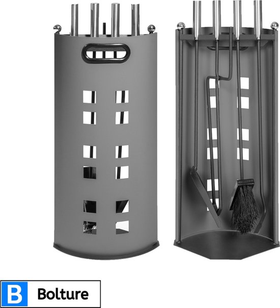 Bolture Openhaard Set – Haardset voor Houtkachel – Openhaard Gereedschap – Houtblokkentang – Pook – Gietijzer – 4 Delig – Zwart