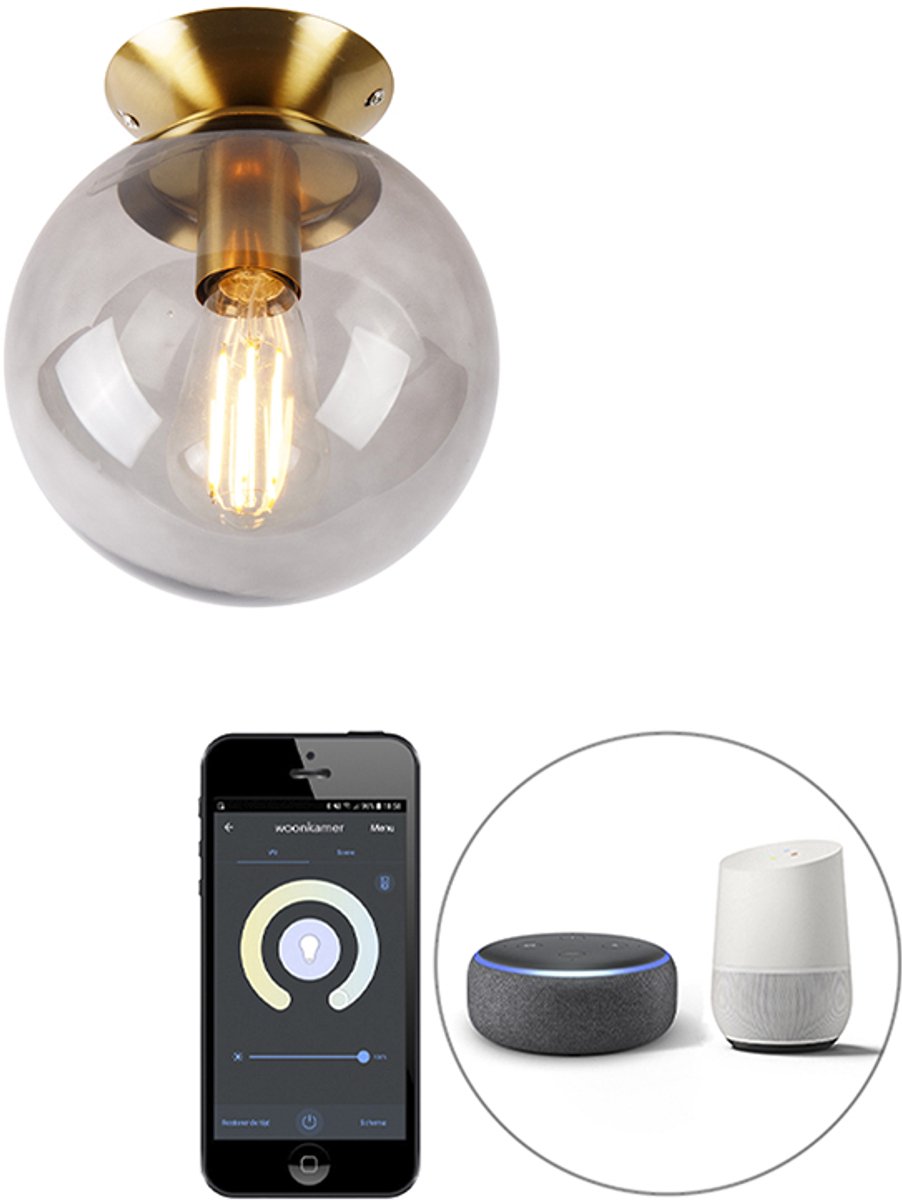 QAZQA pallon - Art Deco LED Smart Plafondlamp incl. wifi - 1 lichts - Ø 20 cm - Goud/messing - Woonkamer | Slaapkamer | Keuken