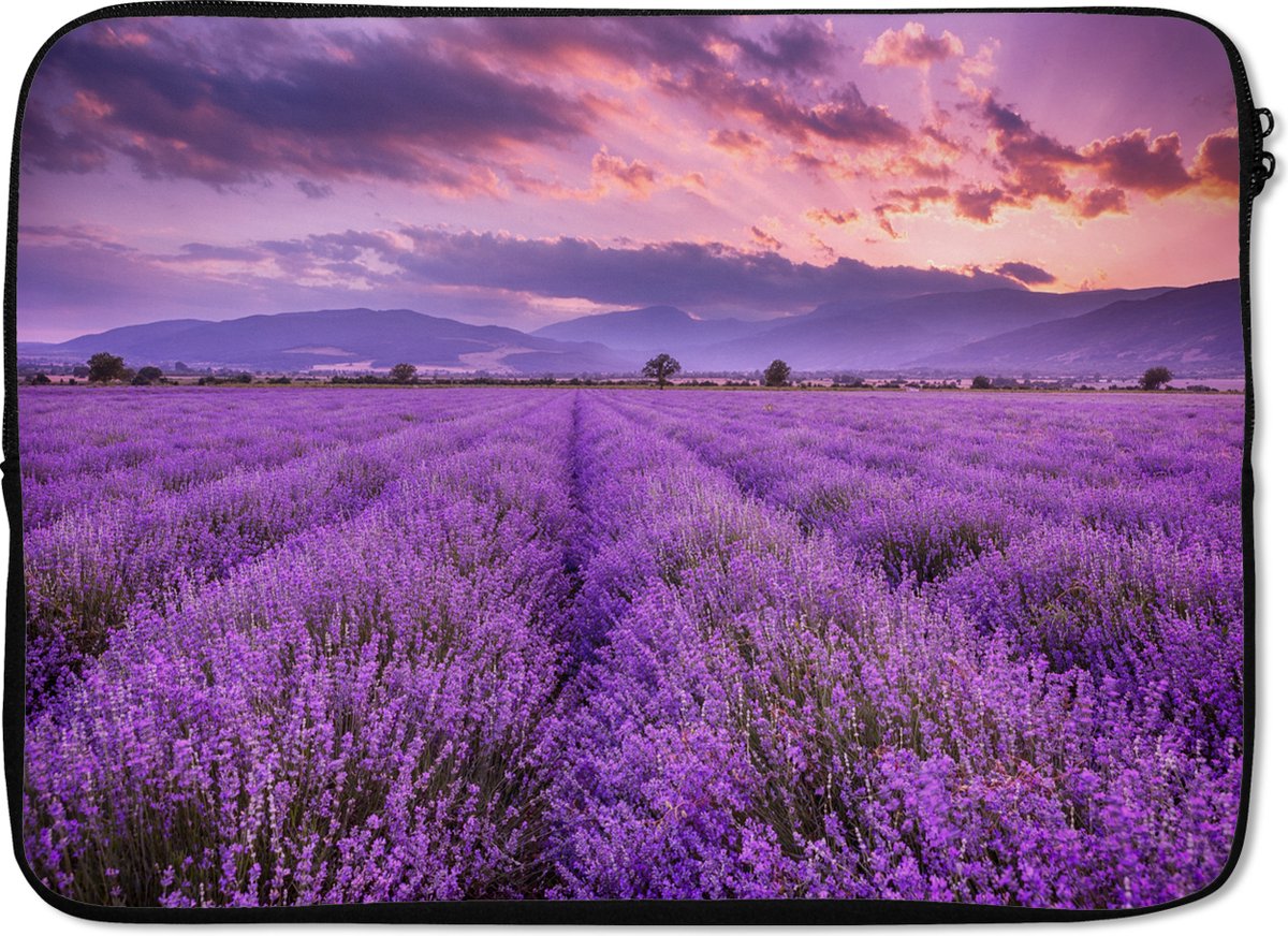 Laptophoes 13 inch - Lavendel - Paars - Bloemen - Veld - Laptop sleeve - Binnenmaat 32x22,5 cm - Zwarte achterkant