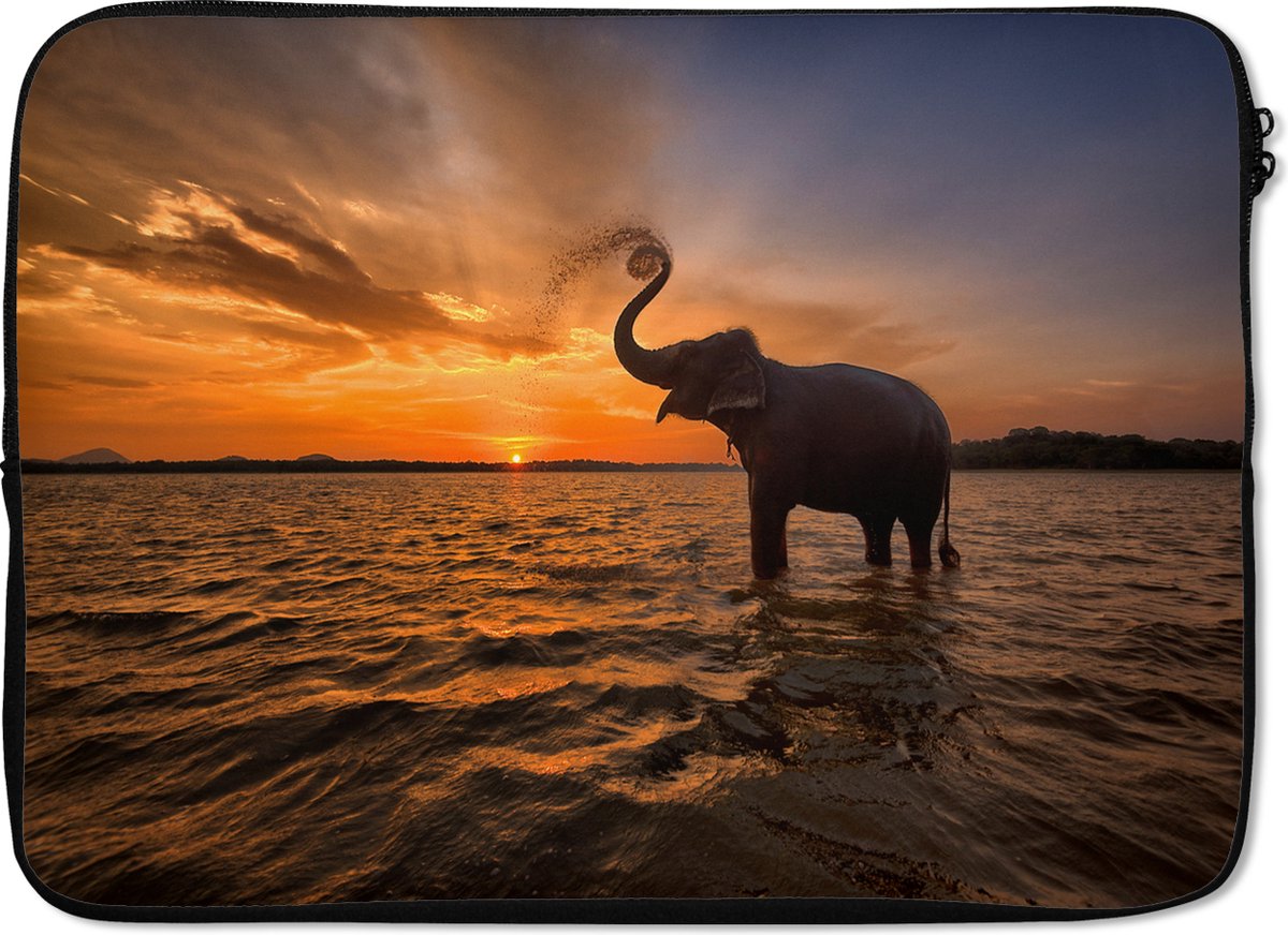 Laptophoes 14 inch - Olifant - Zee - Dieren - Zonsondergang - Oranje - Laptop sleeve - Binnenmaat 33x23 cm - Zwarte achterkant