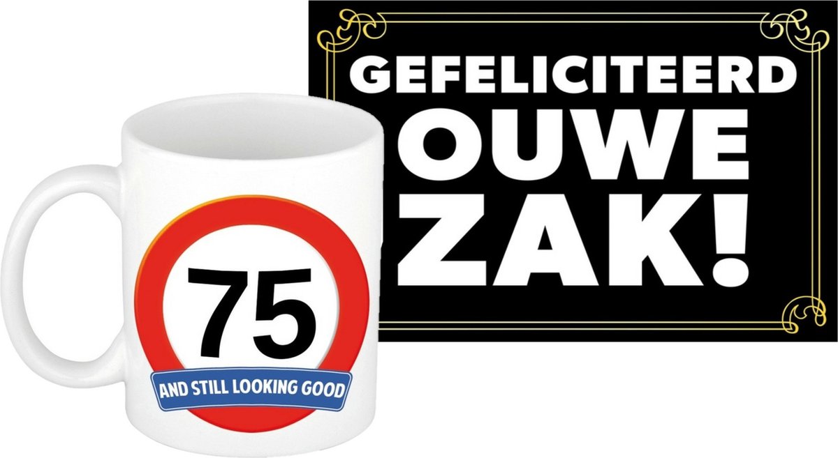 Verjaardag cadeau mok/beker 75 jaar print 300 ml + A5-size wenskaart ouwe zak