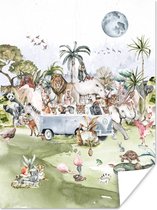 Poster kinderen - Jungle - Bus - Dieren - Kinderen - Planten - Poster dieren - Decoratie voor kinderkamers - Kinder decoratie - 60x80 cm - Poster kinderkamer