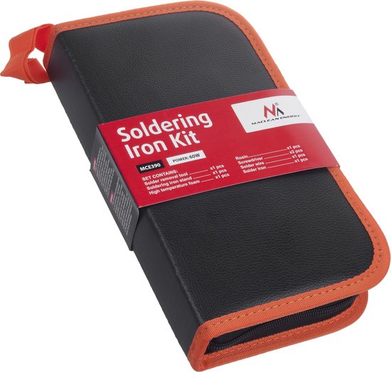 Gesloten zwarte etui met oranje rand en een oranje lus, met een productlabel met de tekst "Soldering Iron Kit".