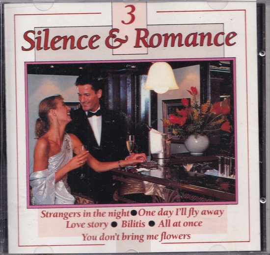 Man en vrouw in nette kleding aan een bar, met rode bloemen en de titel 'Silence & Romance 3'.