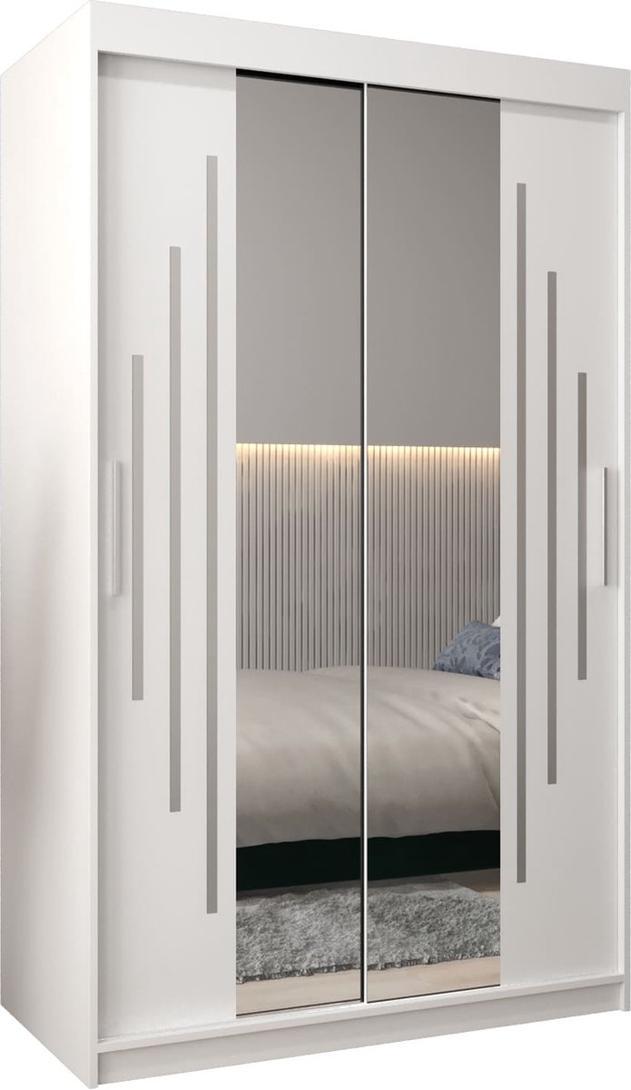 InspireME Kledingkast met 2 schuifdeuren, Modern-stijl, Een kledingkast met planken en een spiegel (BxHxD): 120x200x62 - MALTESE I 120 Wit Mat