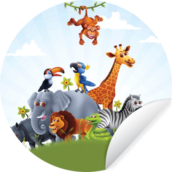 WallCircle - Muurstickers - Behangcirkel - Jungle - Illustratie - Wilde dieren - Jongens - Meisjes - Kind - 80x80 cm - Muurcirkel - Zelfklevend - Ronde Behangsticker