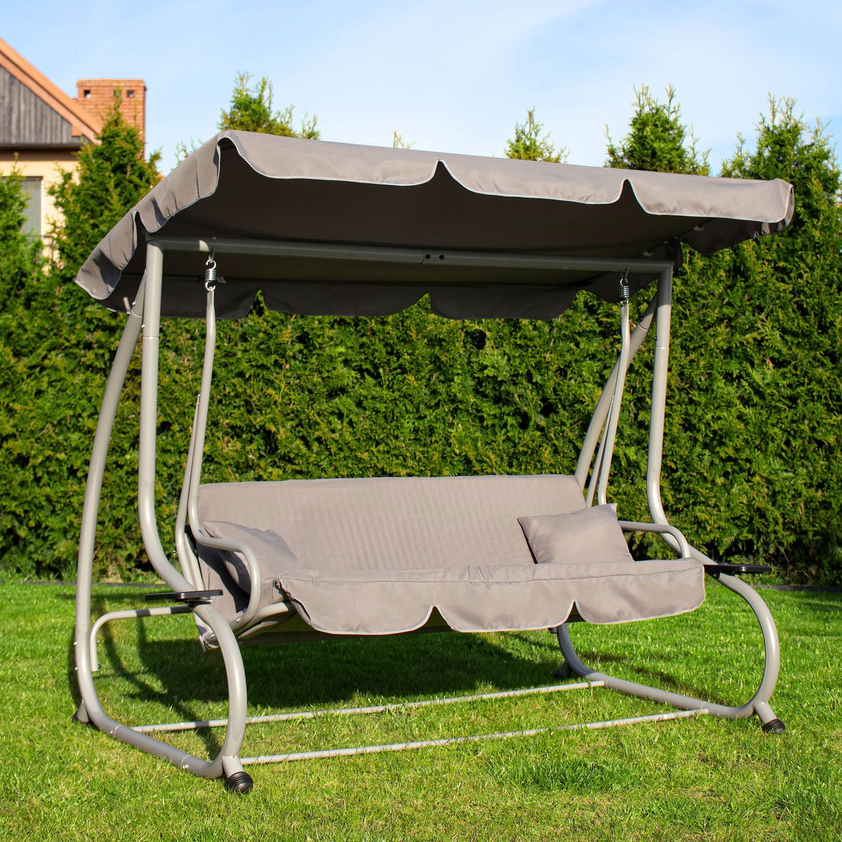 Springos Schommelbank | Venezia-Schommel | 3-zits | Waterafstotend | Inclusief 2 Kussens | Verstelbare Luifel | 163 x 193 x 120 cm | Grijs — afbeelding 7