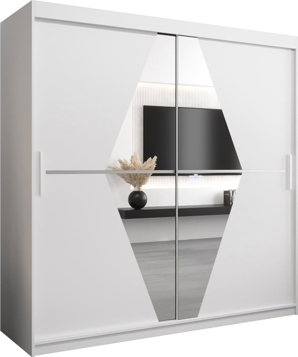 InspireME Kledingkast met 2 schuifdeuren, Modern-stijl, Een kledingkast met planken en een spiegel (BxHxD): 200x200x62 - BOLA 200 Wit Mat