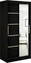 InspireMe - Kledingkast met 2 schuifdeuren, Modern-stijl, Een kledingkast met planken en een spiegel (BxHxD): 100x200x62 - KAIR V2 100 Zwart Mat + Gouden met 2 lades
