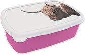 Broodtrommel Roze - Lunchbox - Brooddoos - Schotse hooglander - Dier - Wit - 18x12x6 cm - Kinderen - Meisje