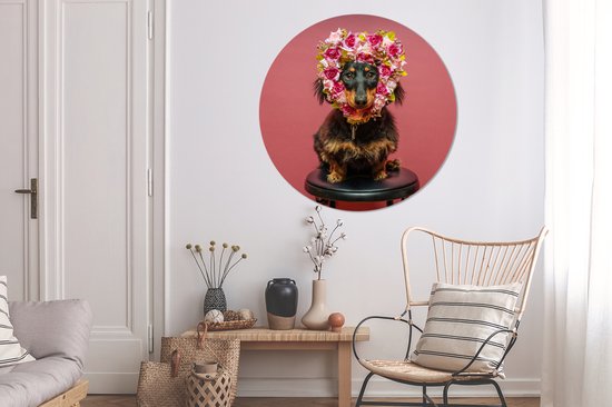 Chien avec une couronne de fleurs en forme de coeur Assiette en plastique cercle mural ⌀ 150 cm XXL / Groot format!