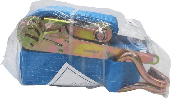 Blauwe spanband met ratel en J-haken in plastic verpakking.