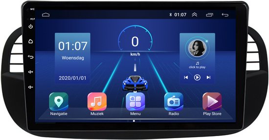 Dashboard-scherm met klok, snelheid, datum, en icoontjes voor Navigatie, Muziek, Menu, Radio, Play Store.