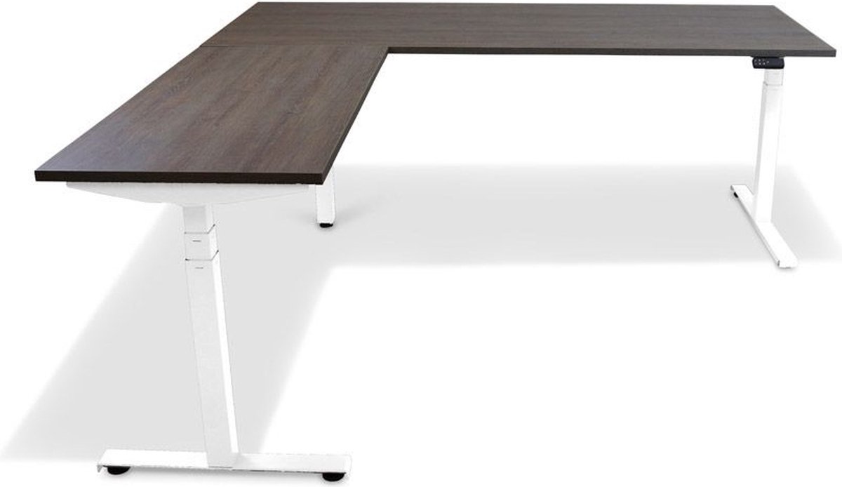 Roomforthenew Heathrow Hoek - Bureau - Bureautafel - Gaming bureau - Computertafel - Hoekbureau - Bruin eiken - Verstelbaar bureau - Gaming Desk - Bureau tafel - Hoekbureau verstelbaar - Zit sta bureau elektrisch – Wit onderstel