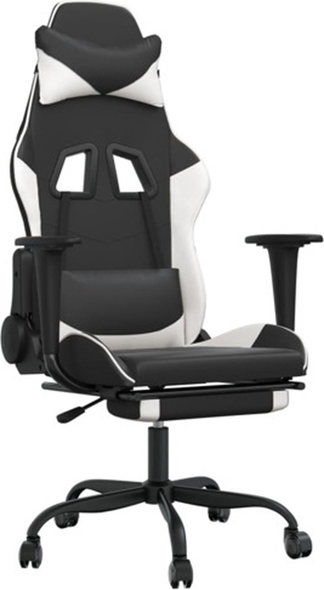 vidaXL Massage - gamestoel - met - voetensteun - kunstleer - zwart - & - wit Zwart en wit