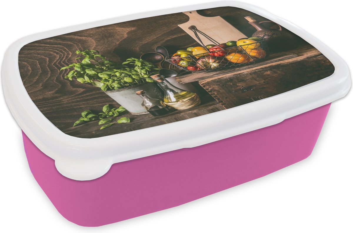 Broodtrommel Roze - Lunchbox - Brooddoos - Groente - Kruiden - Rustiek - Stilleven - Basilicum - 18x12x6 cm - Kinderen - Meisje