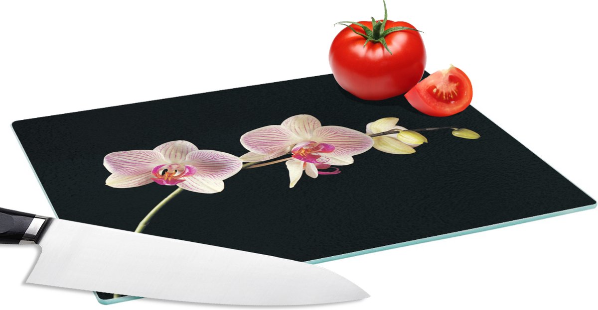 Glazen Snijplank - 28x20 - Orchidee - Bloemen - Zwart - Roze - Knoppen - Snijplanken Glas