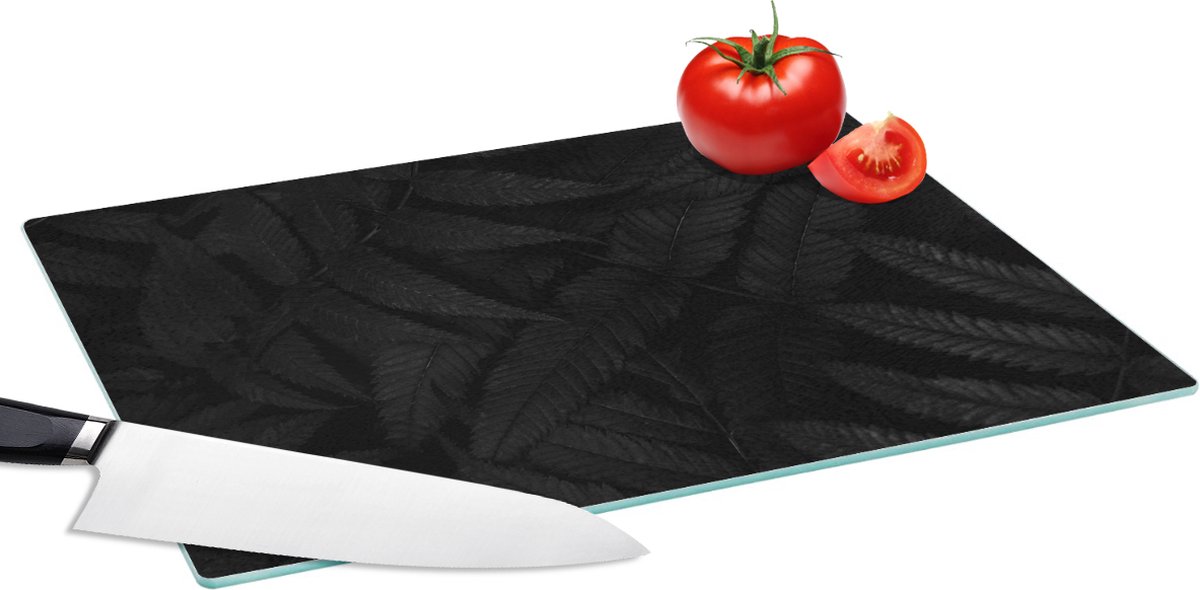 Glazen Snijplank - 39x28 - Bladeren - Zwart - Wit - Planten - Botanisch - Snijplanken Glas