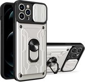 Geschikt voor iPhone 13 Pro Max hoesje met pashouder - camera bescherming cover en ring houder – Zilver – oTronica