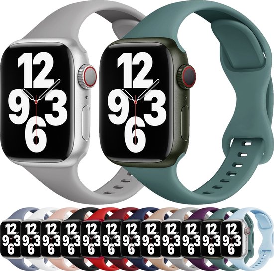 Twee Apple Watches met lichtgrijs en groen bandje. Onderste rij: 12 bandjes in diverse kleuren.