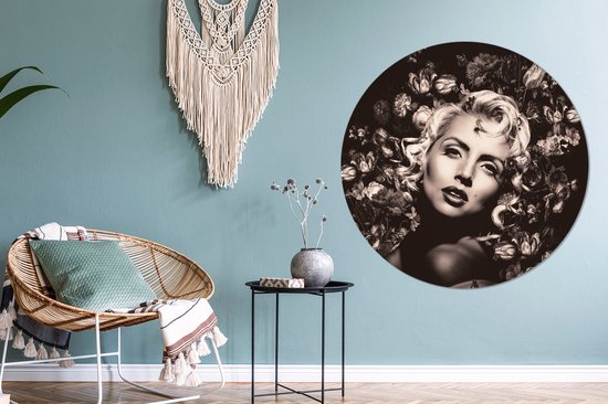 Cercle Mural - Cercle Mural Intérieur - Fleurs - Zwart - Wit - Femme - ⌀ 120 cm - Décoration murale - Peintures Ronds XXL