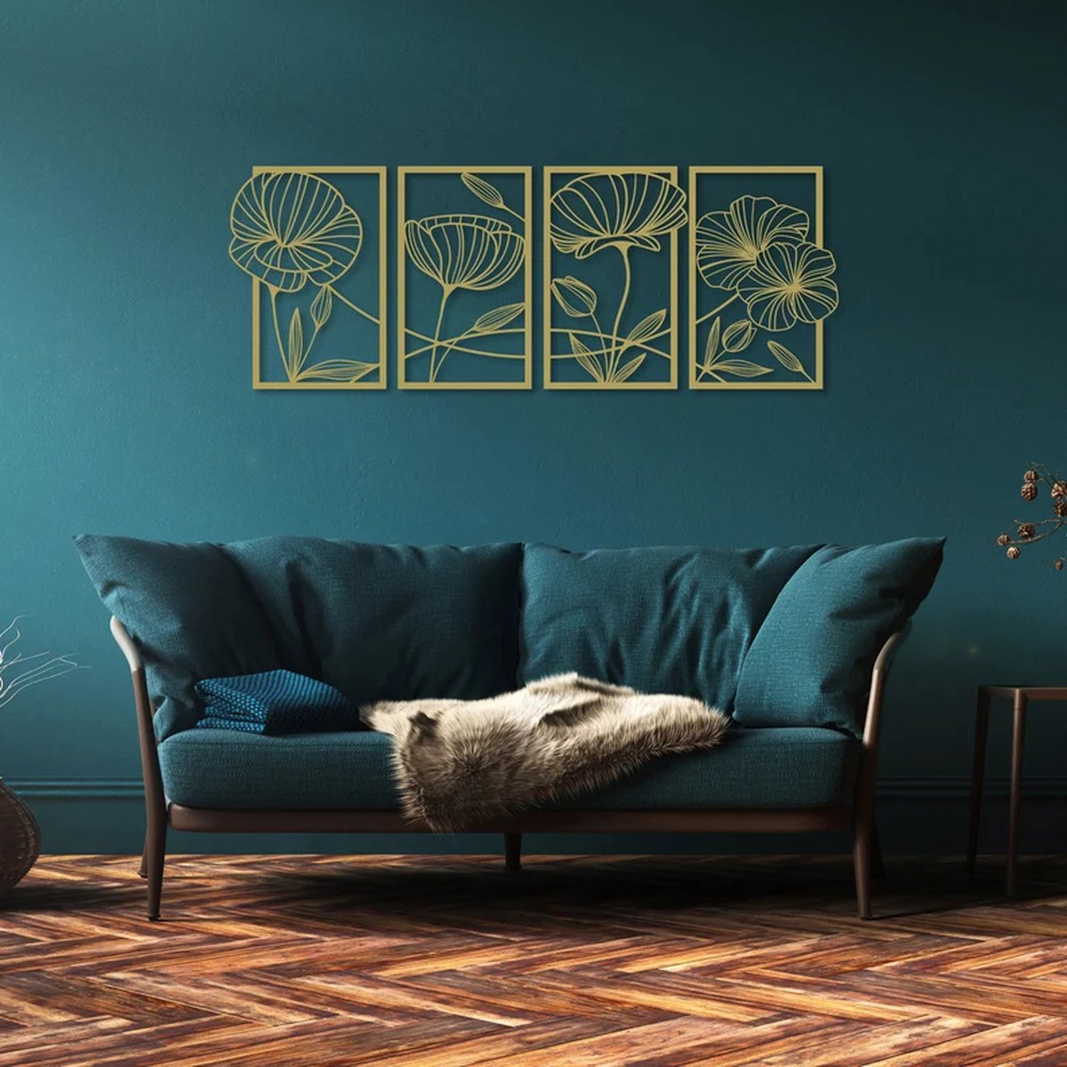Metalen Wanddecoratie Klaprozen – 3D Wandkunst – Goud – 50 x 30 cm