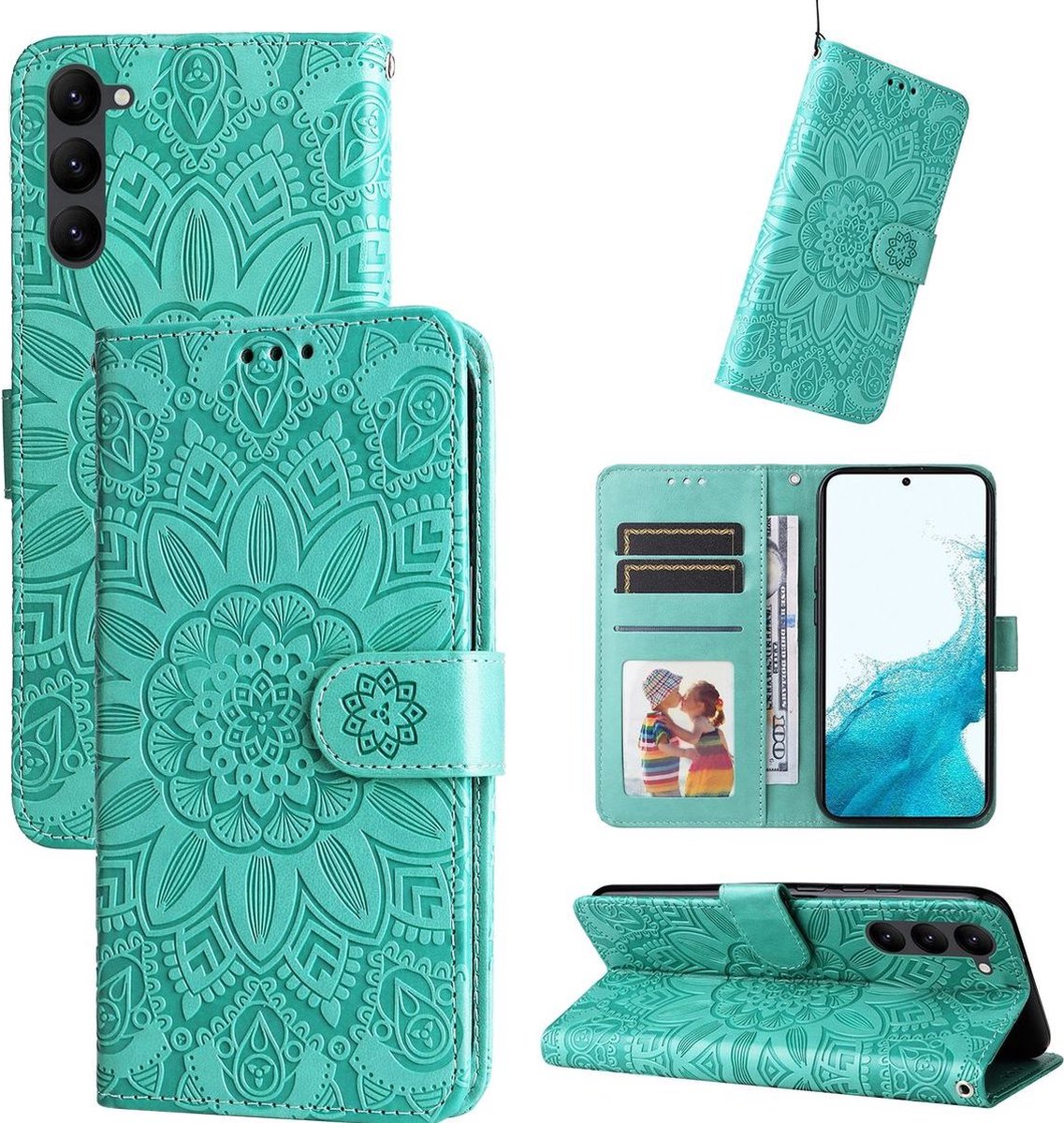 Mobigear Telefoonhoesje geschikt voor Samsung Galaxy S23 Hoesje | Mobigear Sunflower Bookcase Portemonnee | Pasjeshouder voor 2 Pasjes | Telefoonhoesje voor Pinpas / OV Kaart / Rijbewijs - Groen