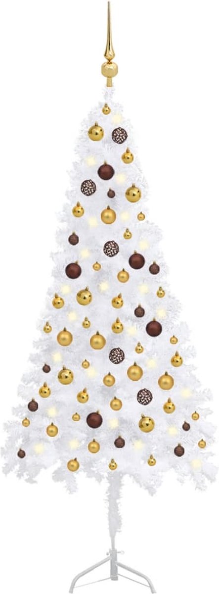 Prolenta Premium - Kunstkerstboom met LED's en kerstballen hoek 150 cm PVC wit