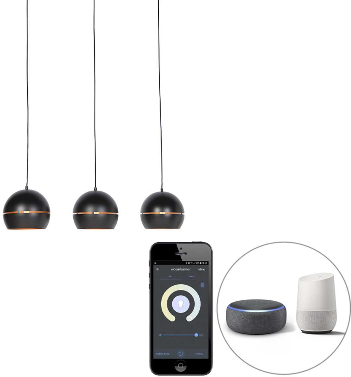 QAZQA buell - Industriele LED Smart Hanglamp incl. wifi voor boven de eettafel | in eetkamer - 3 lichts - L 110 cm - Zwart Goud - Industrieel - Woonkamer | Slaapkamer