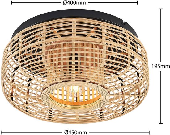 Lindby - plafondlamp - 1licht - rotan, metaal - H: 19.5 cm - E27 - licht hout, zwart