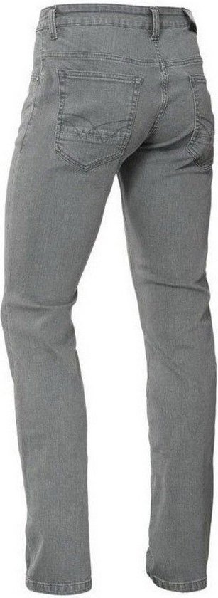 Achterzijde van grijze Brams Paris stretchjeans met achterzakken en riemlussen.