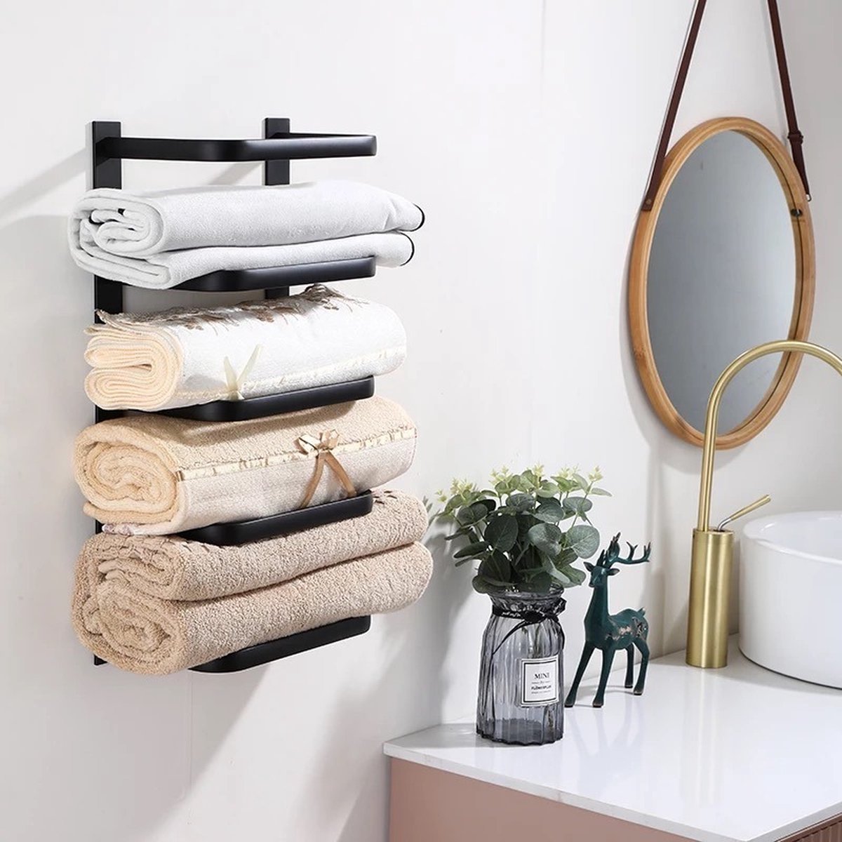 handdoekhouder - luxe - handdoekrek zwart - modern - handdoeken houder - 5 laags - badkamer - badkameraccessoires