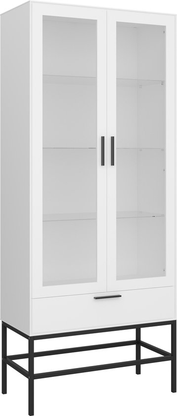Cris vitrinekast 2 glazen deuren en 1 lade, wit gelakt, zwart metalen  frame. | bol.com