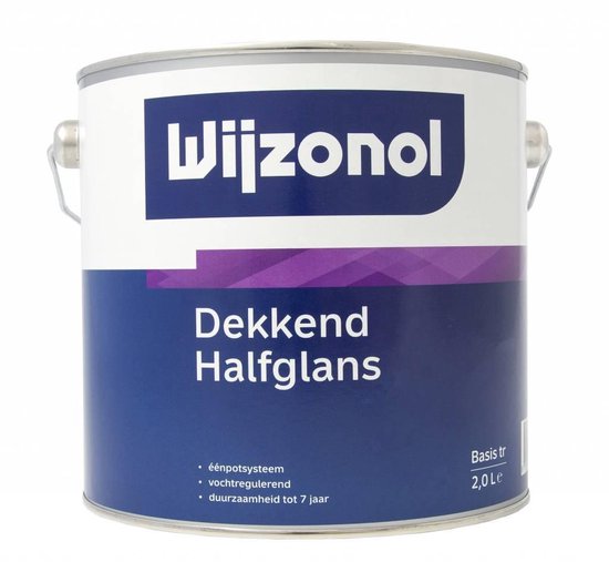 Wijzonol Dekkend Halfglans verfblik met paarse en witte accenten. 2,0 liter.