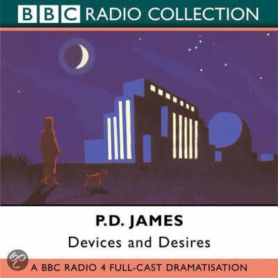 BBC Radio Collection: P.D. James Devices and Desires. Een man en hond staan voor een verlicht gebouw onder een maanverlichte nachtelijke hemel.