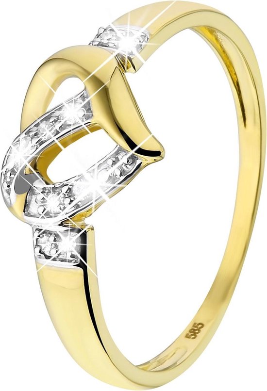 Lucardi Dames Ring hart 9 diamanten 0,05ct - Ring - Cadeau - Moederdag - 14 Karaat Goud - Geelgoud