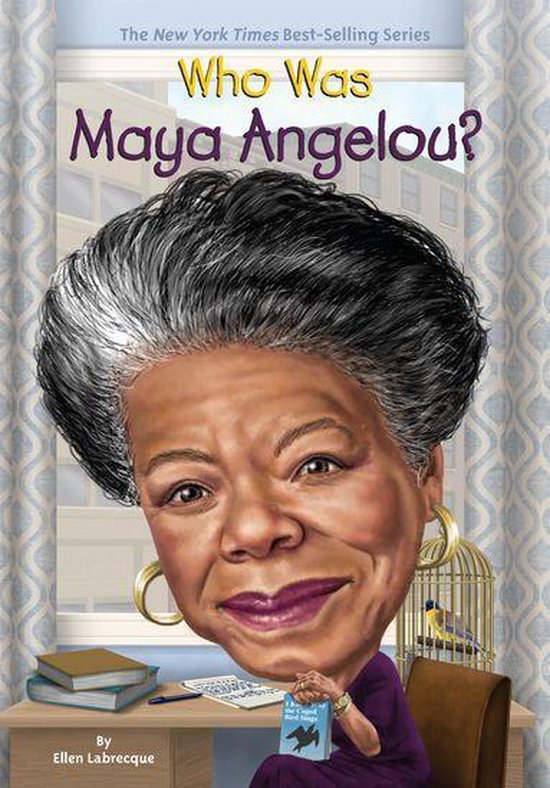 Boekomslag van "Who Was Maya Angelou?", een New York Times bestseller. Portret van Maya Angelou met grijze lokken en gouden oorbellen.