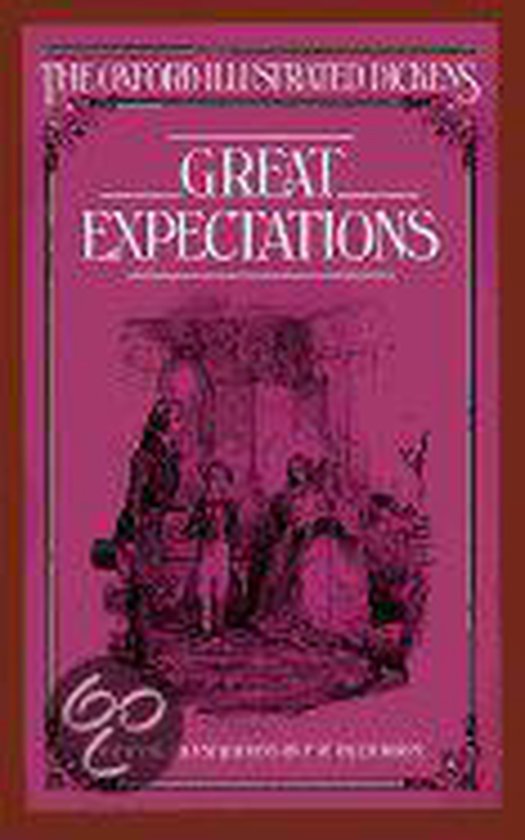 Boek kaft met de titel 'Great Expectations' in het paars met een illustratie van een scène.