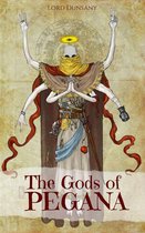 Boekomslag van 'The Gods of Pegāna' met een skeletachtige figuur met vier armen, omringd door symbolen en rode linten.