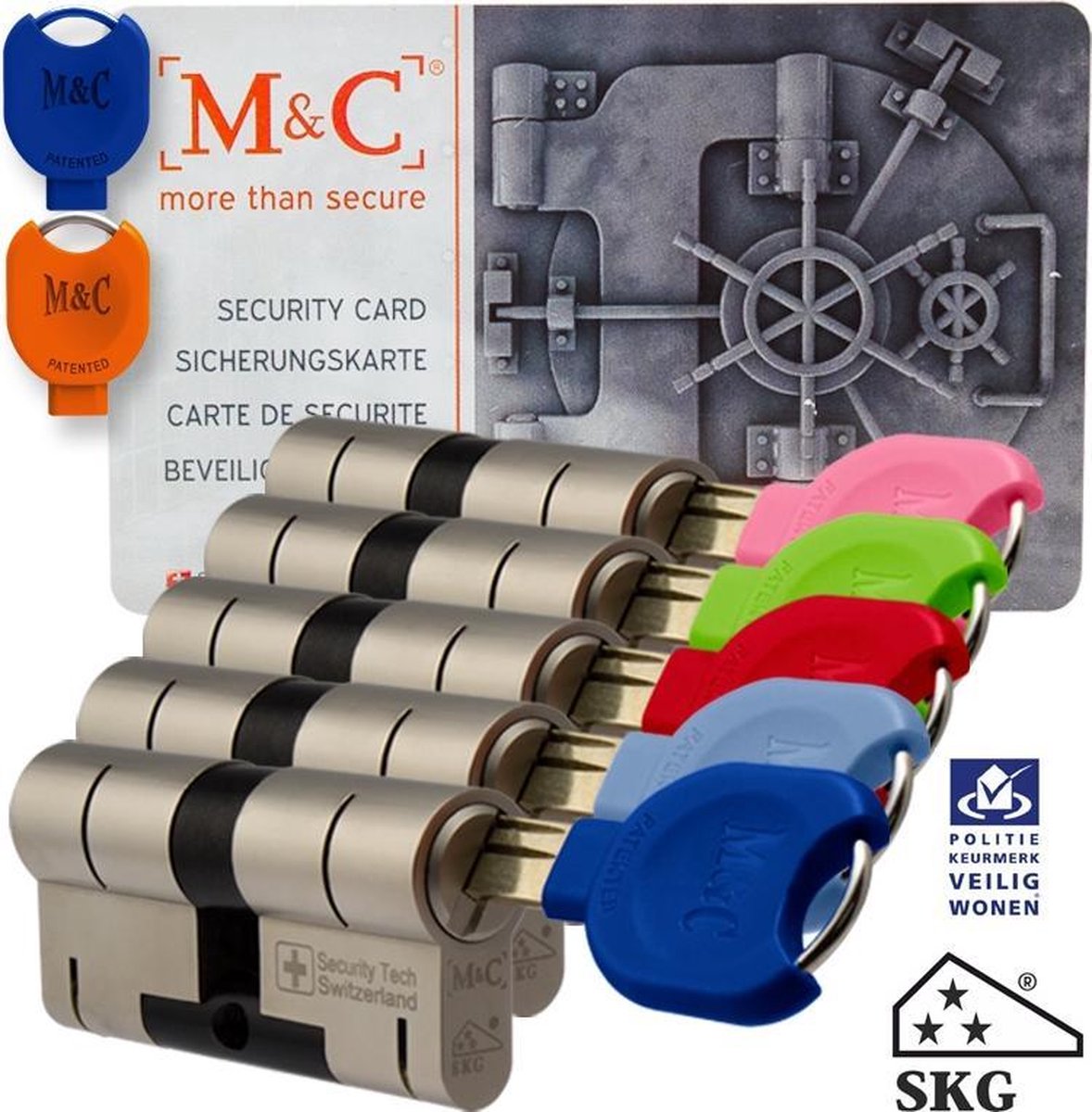 M&C 32/32 set van 5 anti-kerntrek cilinders skg*** gelijksluitend incl. 7 color sleutels.