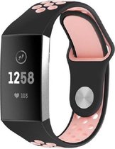 Horlogebandje voor de Fitbit charge 3 en 4 – zwart roze - maat: s – verstelbaar sportbandje -  sportief siliconen polsbandje - sluiting met drukknop - polsband - activity tracker bandje - Sti