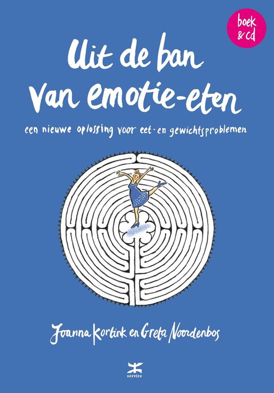 Boekomslag 'Uit de ban van emotie-eten' met tekst en illustratie van een vrouw in een labyrint.