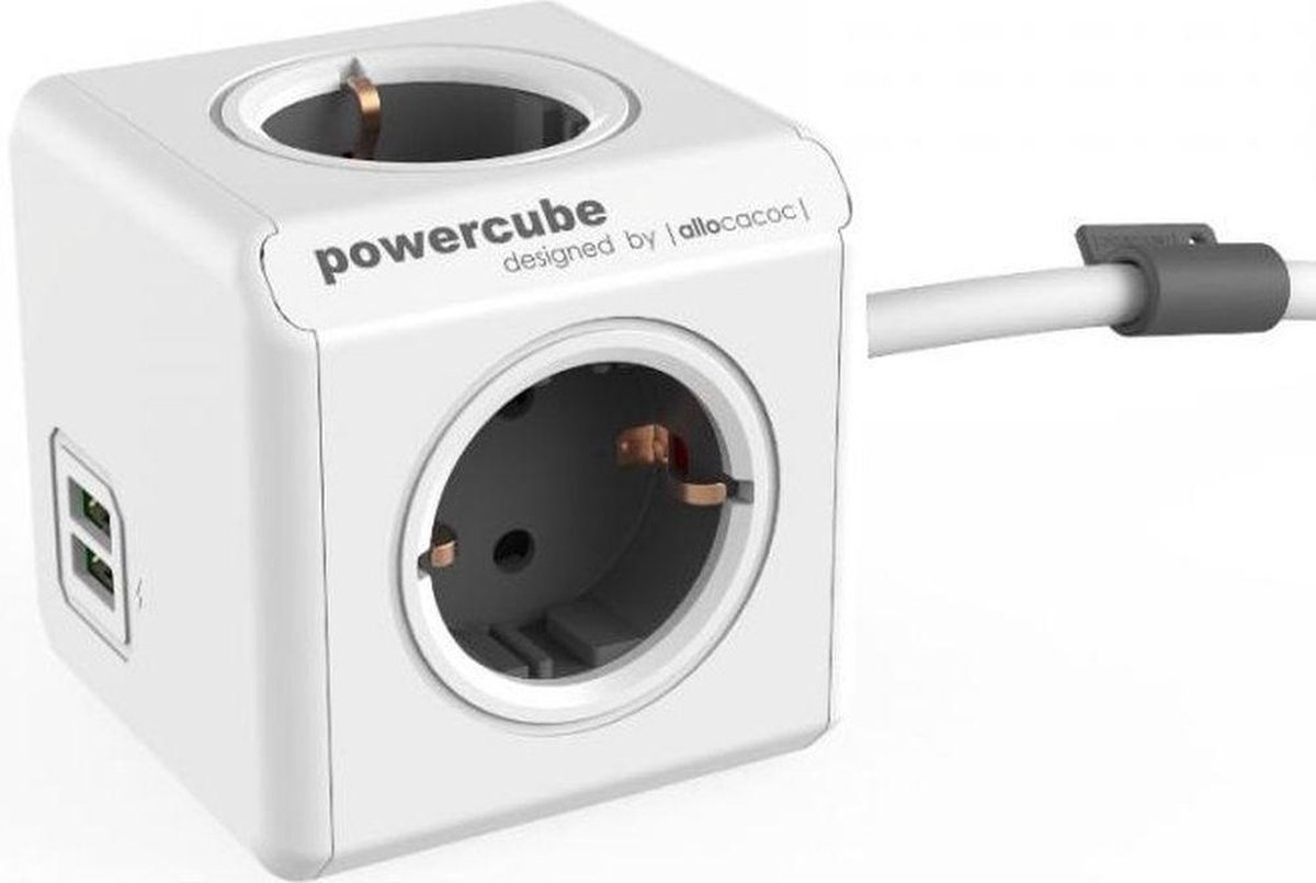 PowerCube Extended Duo USB - 3 meter kabel - Wit/Grijs - 4 stopcontacten - 2 USB laders - NL\/DE (Type F)