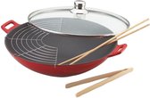 Baumalu rode gietijzeren rode wok met glazen deksel Ø 36 cm incl. accessoires