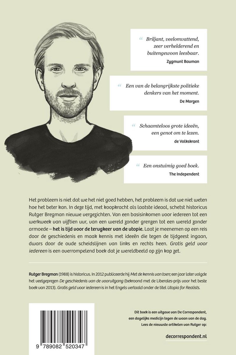Boekcover met portret van Rutger Bregman en citaten. Titel: Gratis geld voor iedereen.