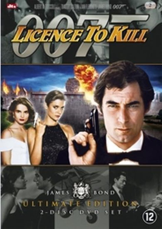 DVD hoes van James Bond: Licence To Kill. Toont Pierce Brosnan met een geweer, omringd door de dames. Ook "Ultimate Edition" en "2-Disc DVD Set" vermeld.