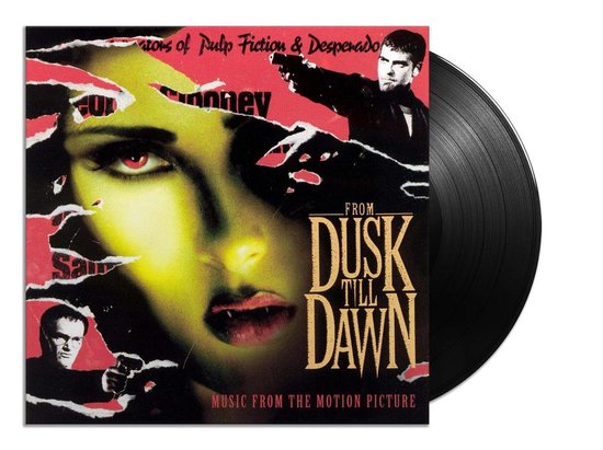 From Dusk Till Dawn soundtrack LP. Cover met vampier met rode ogen, mannen met pistolen en tekst "FROM DUSK TILL DAWN."