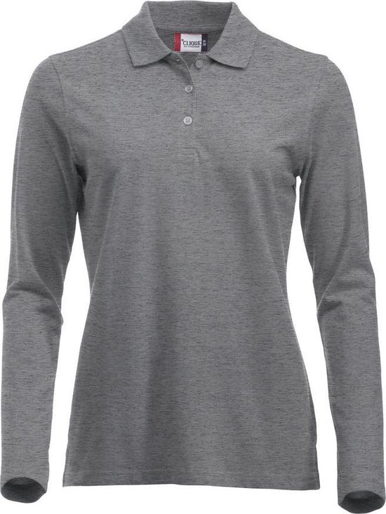 Grijze polo met lange mouwen, knopen en kraag zichtbaar.