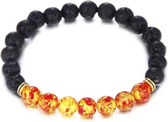 Rhylane® - Bracelet chakra élastique - perles pierre de lave noir & imitation ambre - 21 cm