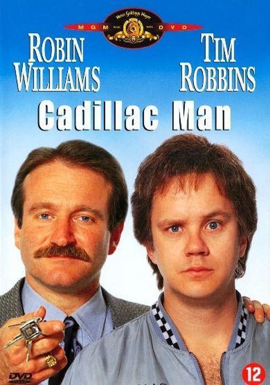 DVD-hoes van Cadillac Man met Robin Williams en Tim Robbins in close-up. Williams heeft een snor en een sleutel in zijn hand.